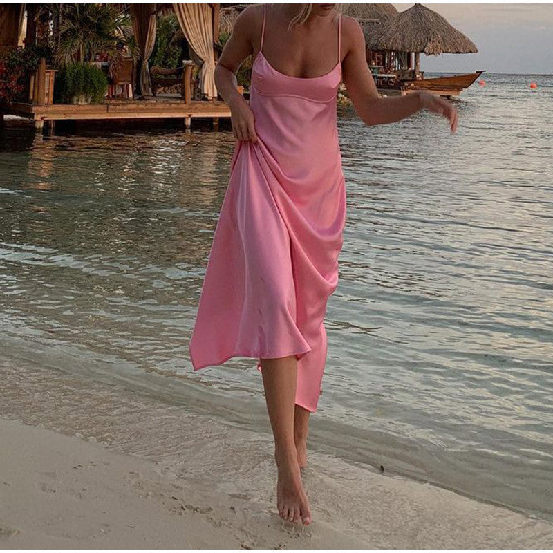 Robe longue en satin, élégante, sans manches, tenue de soirée, de vacances, sexy, décontractée, dos nu - LUXARAH