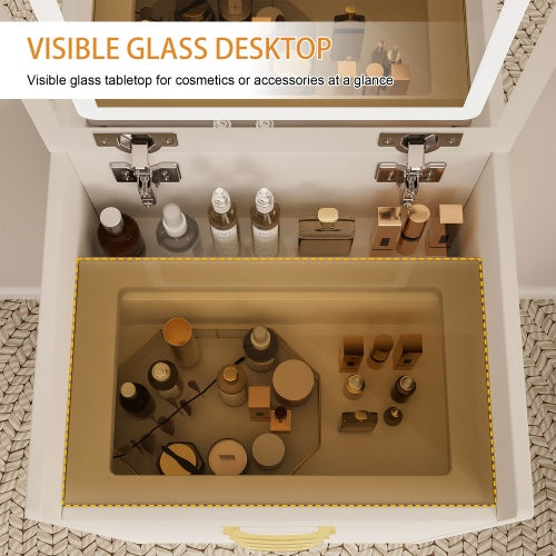 Coiffeuse 3 en 1 avec miroir ouvert, petite coiffeuse avec plateau en verre visible, coiffeuse compacte à 3 tiroirs, coiffeuse pour chambre - LUXARAH