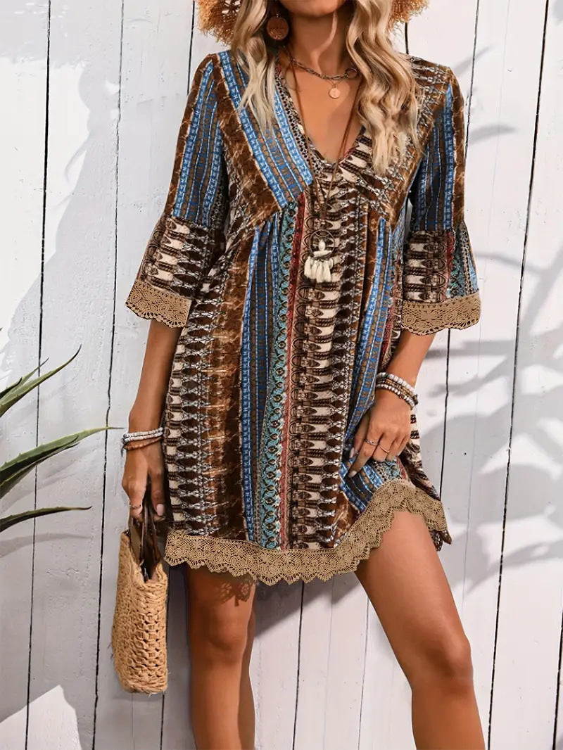 Robe imprimée style bohème à col en V, tenue de plage décontractée et ample - LUXARAH