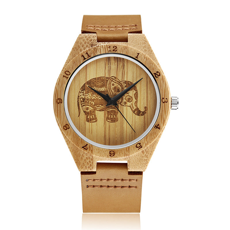 Montre à quartz classique en cuir d'éléphant, rétro, simple, en bois de bambou