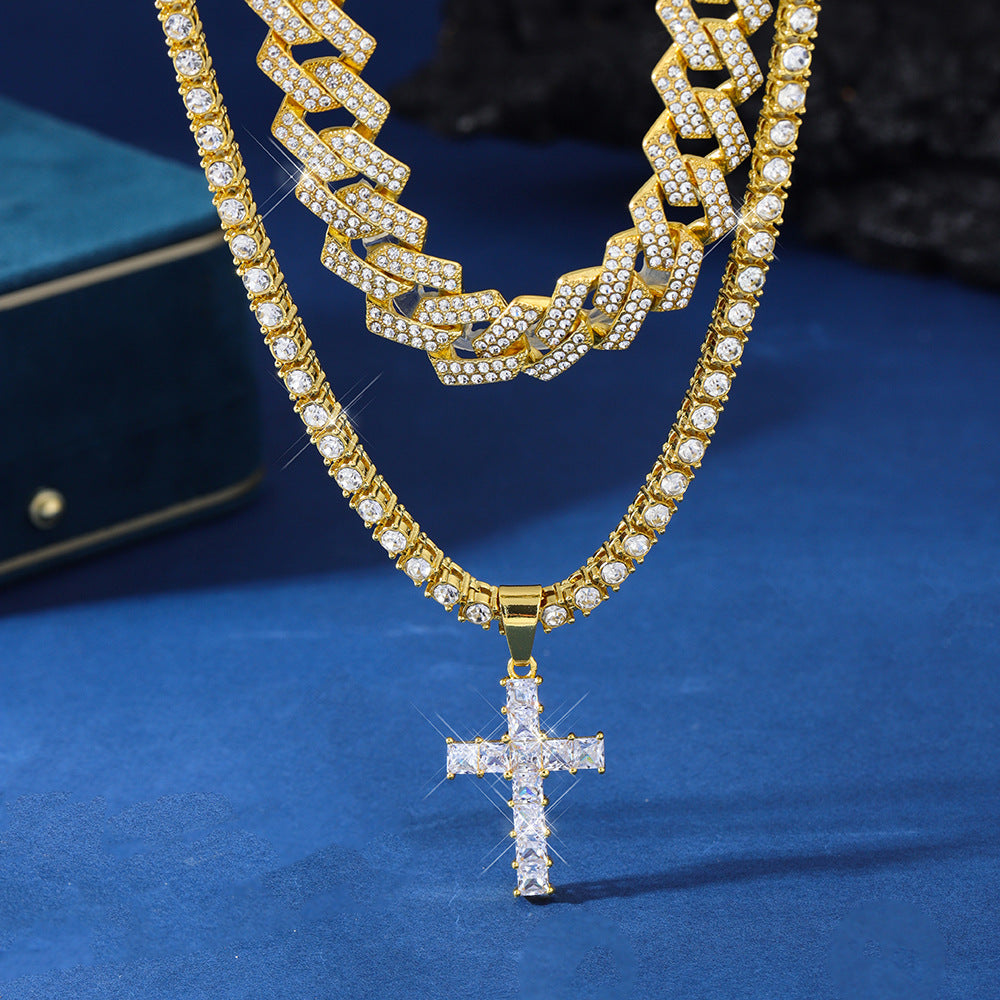Collar con colgante de cruz de circón estilo hip hop con cadena cubana de Miami y pavé de diamantes de imitación estilo rapero para hombres y mujeres