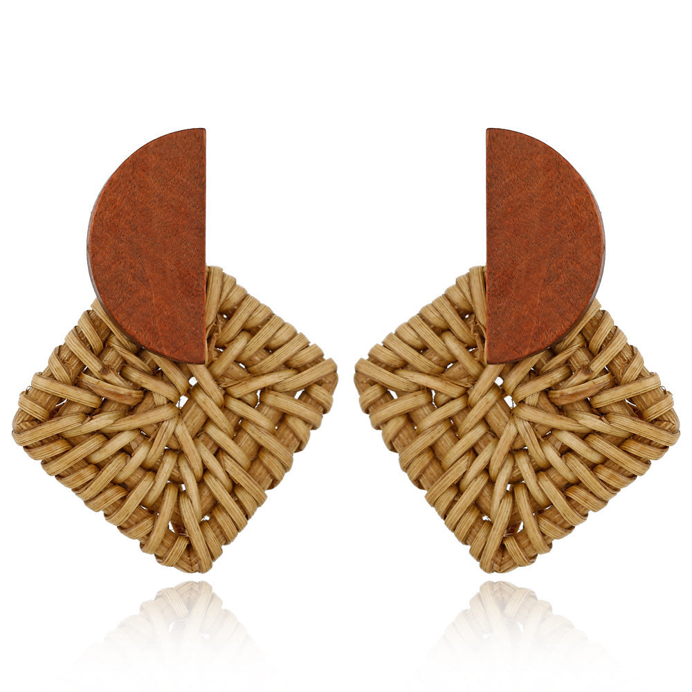 Boucles d'oreilles en bois et rotin géométriques multicouches - LUXARAH