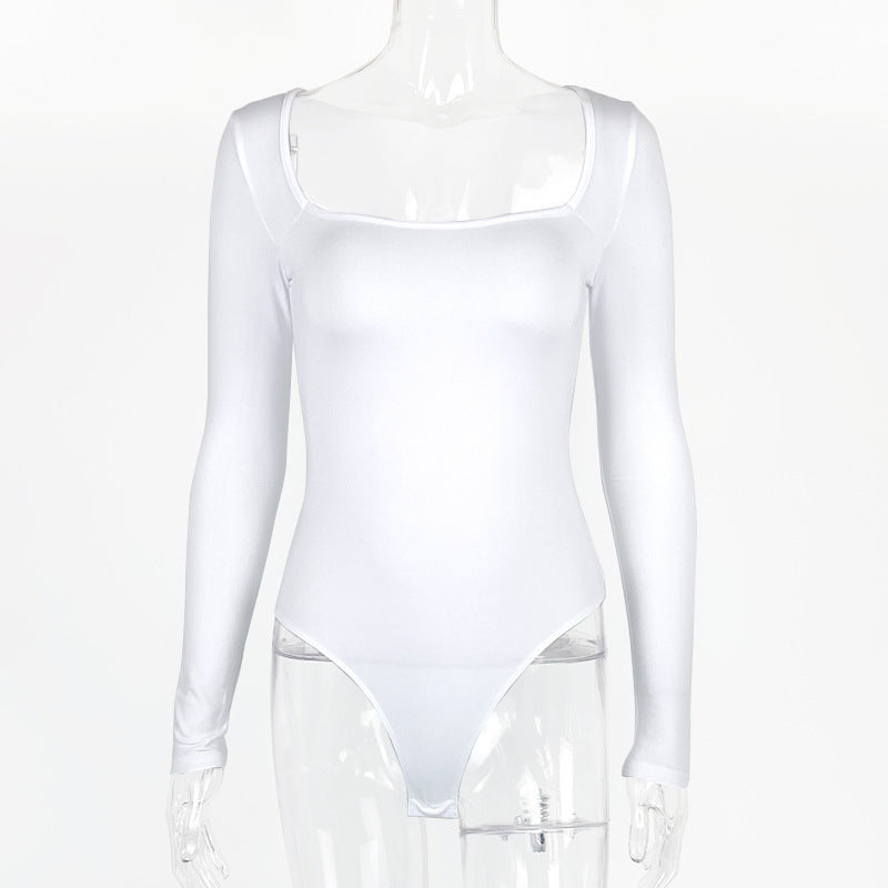 Body sexy à col carré et manches longues pour femme, haut doublé