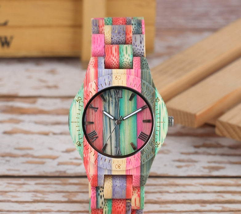 Montre couple en bois de bambou coloré sculpté