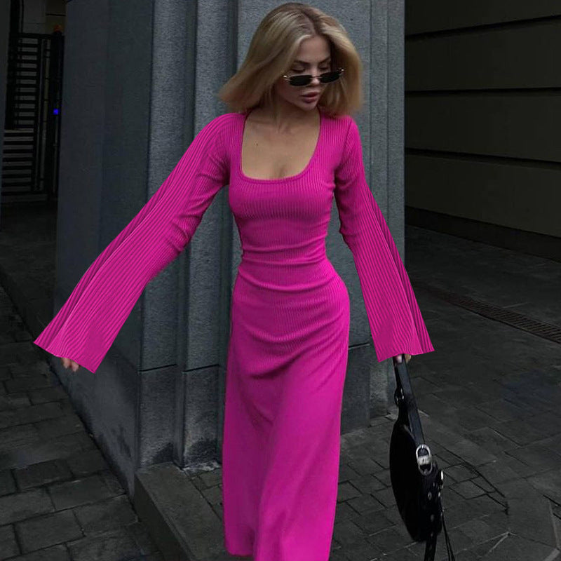 Robe tendance à col en U et lacets dans le dos, manches longues cloche - LUXARAH