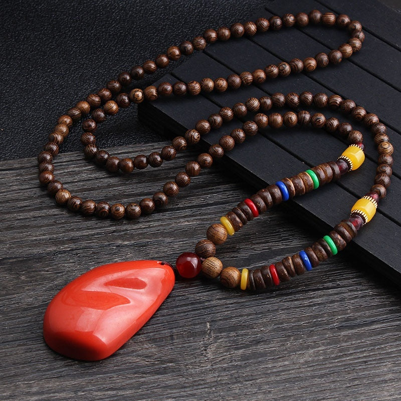 Colliers pour hommes et femmes, chaîne de pull rétro en perles de bois, pendentif Bodhi long - LUXARAH