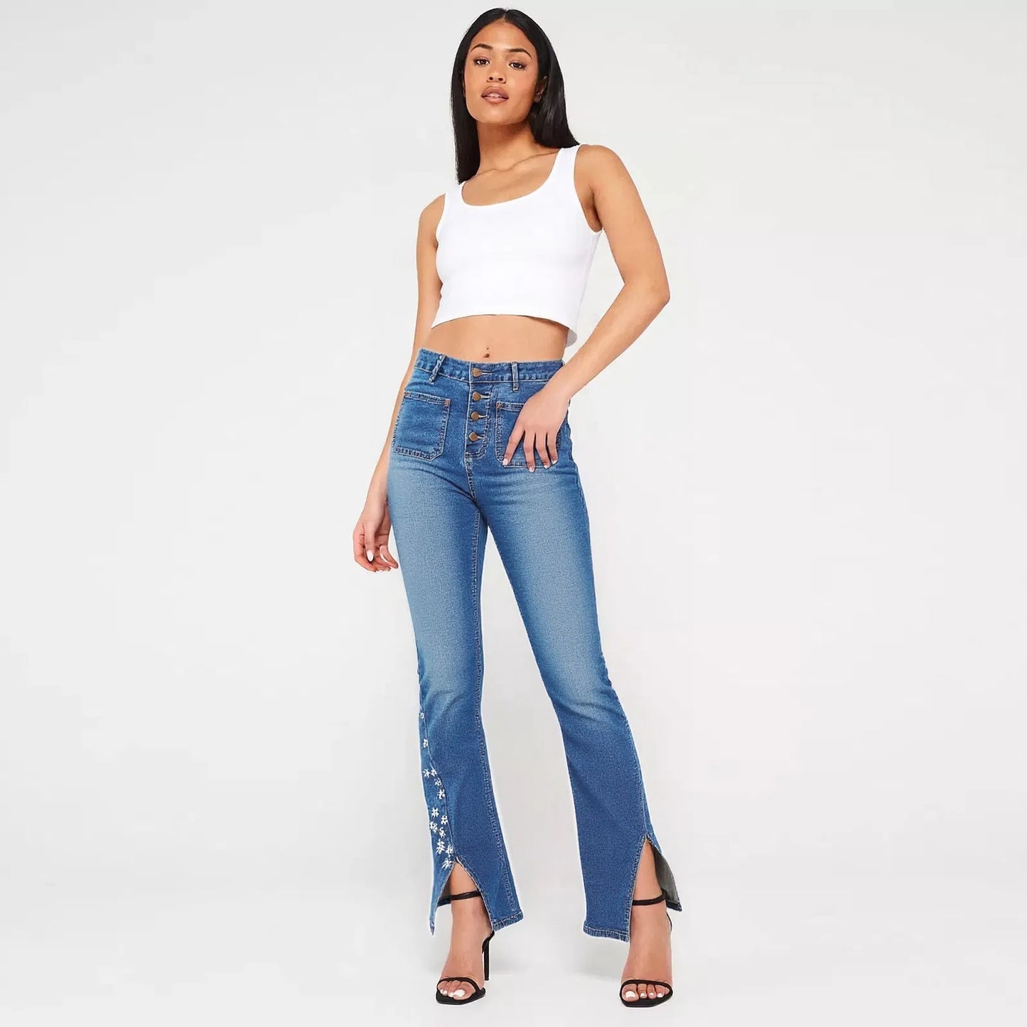 Jean taille haute pour femme, coupe ample et longue, avec étoiles rétro Y2K, délavé clair, pour toutes les saisons - LUXARAH