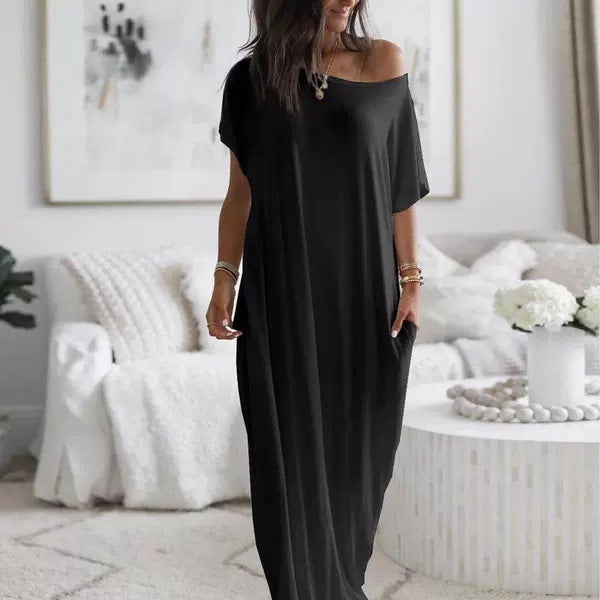 Robe décontractée à manches courtes et à motifs longs pour femme, couleur unie - LUXARAH