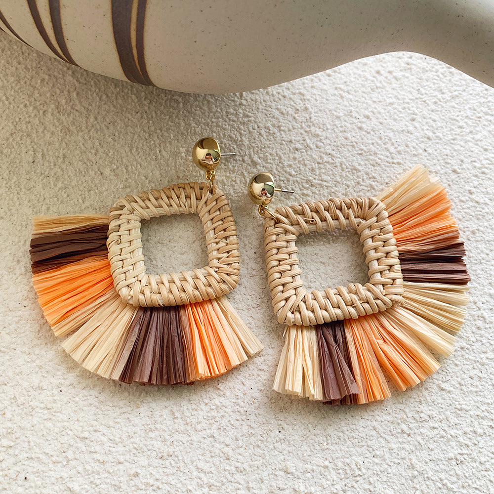 Boucles d'oreilles en raphia et rotin pour femme, nouvelles boucles d'oreilles rondes géométriques colorées en paille - LUXARAH