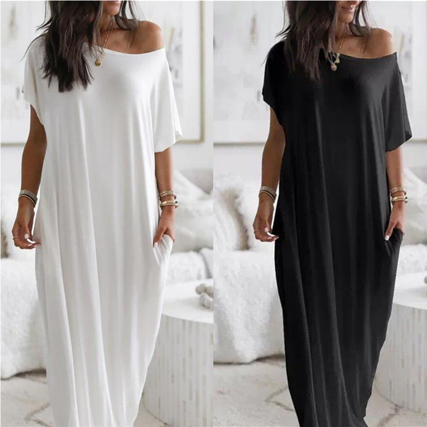 Robe décontractée à manches courtes et à motifs longs pour femme, couleur unie - LUXARAH
