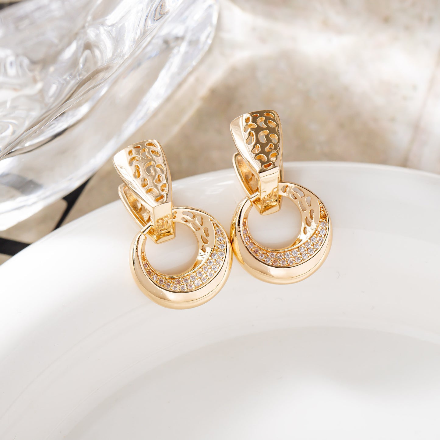 Boucles d'oreilles pendantes de luxe en forme de lune ronde creuse, couleur or rose et argent, incrustées de micro-cire, en zircon naturel, bijoux de mariage quotidiens pour femmes