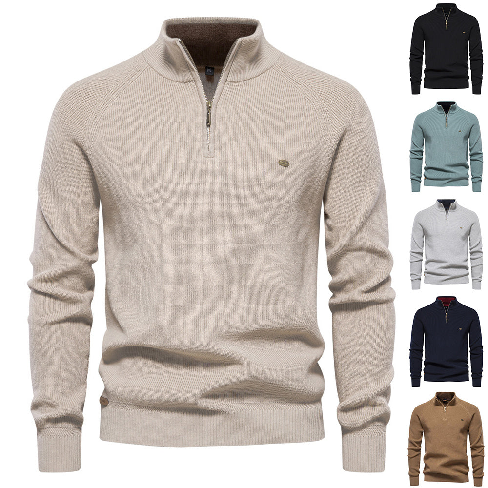 Pull tricoté à col montant et fermeture éclair pour homme, coupe slim, couleur unie, manches longues, demi-col roulé