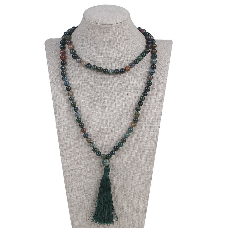 Long Agate Necklace with 108 Simple Tassel Beads for Women