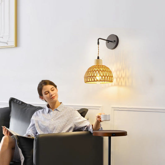 Applique murale vintage en corde de chanvre et rotin - LUXARAH