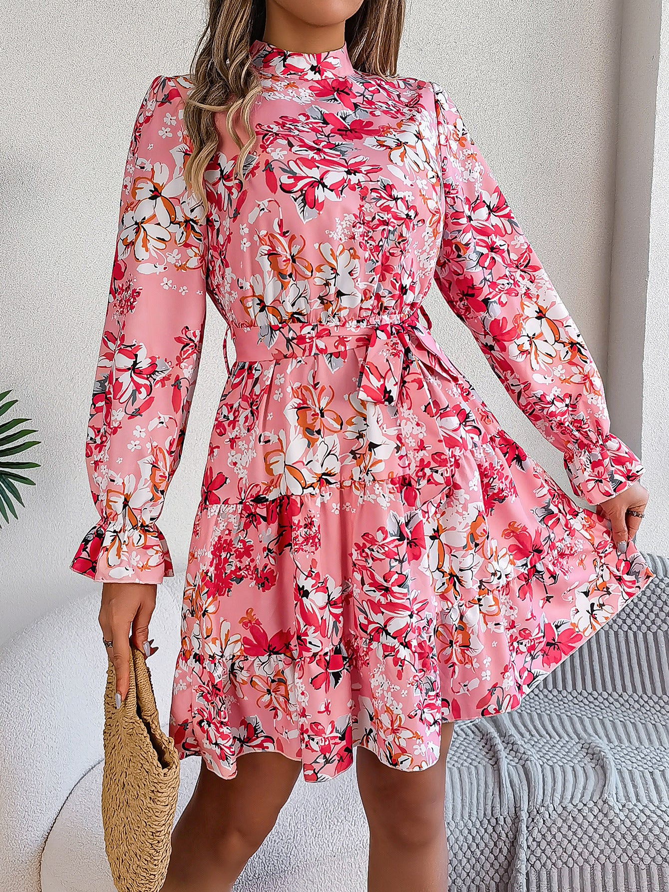 Robe trapèze à volants et manches longues, imprimé floral, col montant, taille contrôlée, printemps-automne - LUXARAH