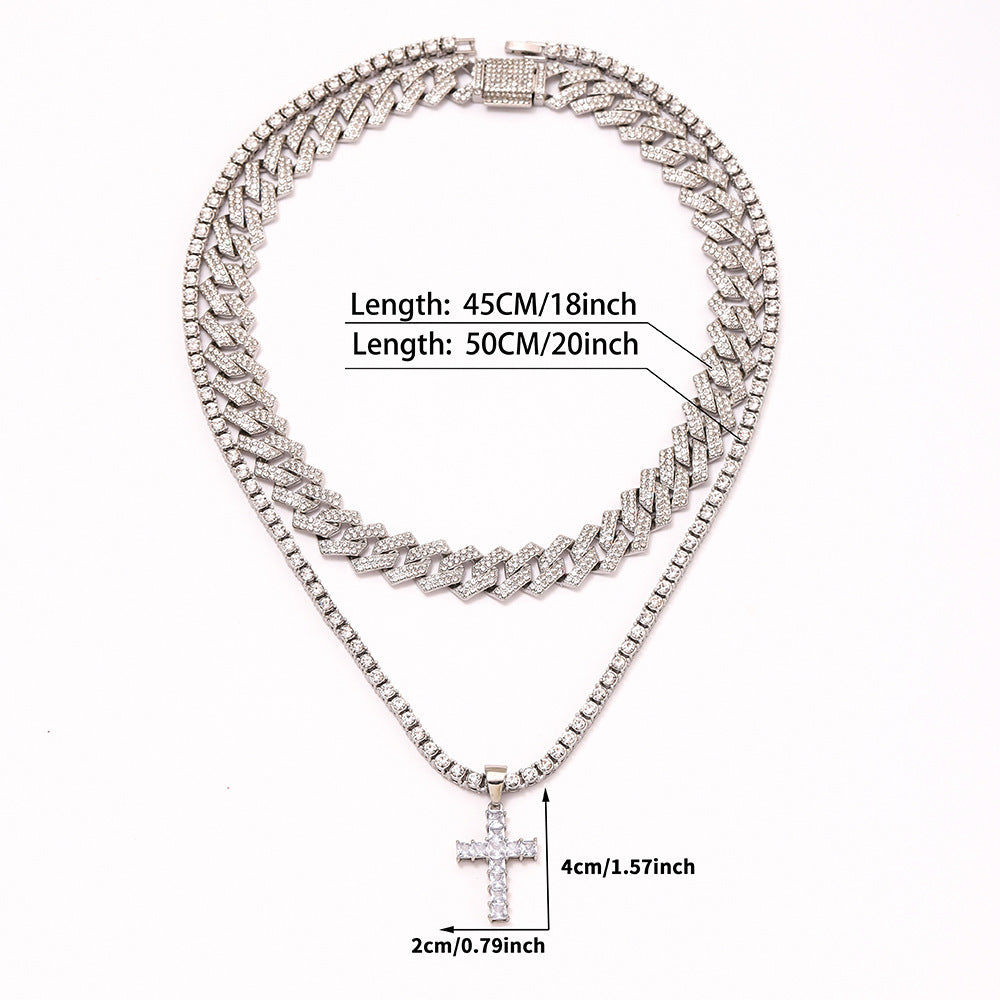 Collar con colgante de cruz de circón estilo hip hop con cadena cubana de Miami y pavé de diamantes de imitación estilo rapero para hombres y mujeres