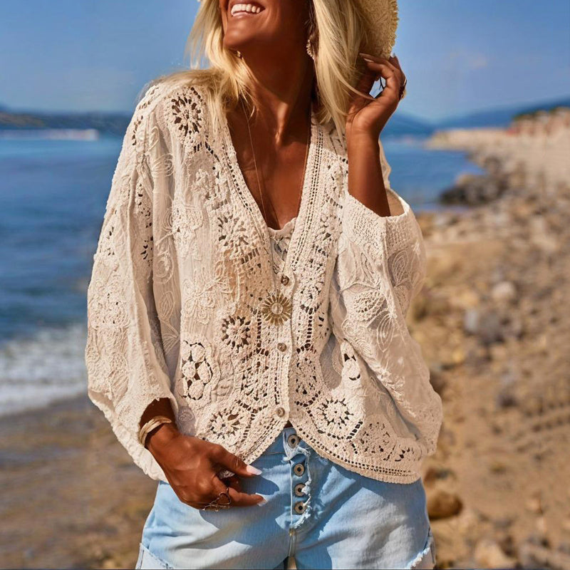Cardigan boutonné en dentelle à col en V pour femme, semi-transparent, motif géométrique, manches mi-longues, léger, plage, mode printemps-été - LUXARAH