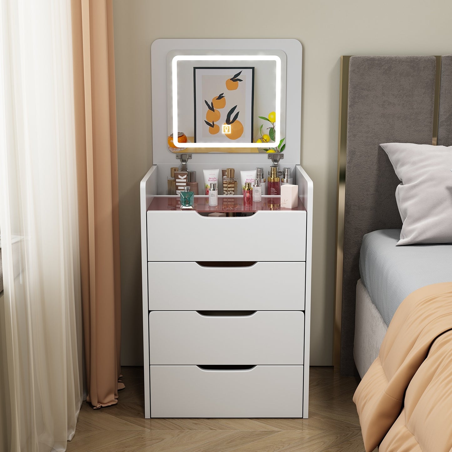 Coiffeuse 3 en 1 avec miroir rabattable, petite coiffeuse avec plateau en verre visible, compacte - LUXARAH