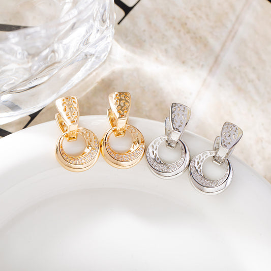 Boucles d'oreilles pendantes de luxe en forme de lune ronde creuse, couleur or rose et argent, incrustées de micro-cire, en zircon naturel, bijoux de mariage quotidiens pour femmes