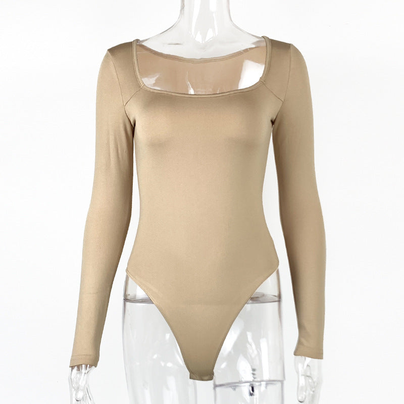 Body sexy à col carré et manches longues pour femme, haut doublé