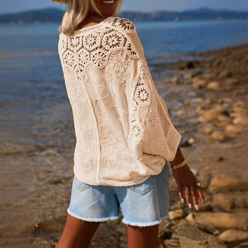 Cardigan boutonné en dentelle à col en V pour femme, semi-transparent, motif géométrique, manches mi-longues, léger, plage, mode printemps-été - LUXARAH