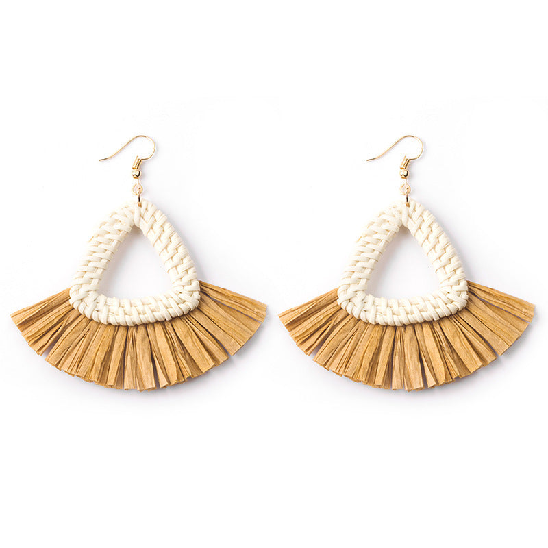 Boucles d'oreilles géométriques en raphia et rotin tissées à la main, style vintage pour femmes - LUXARAH