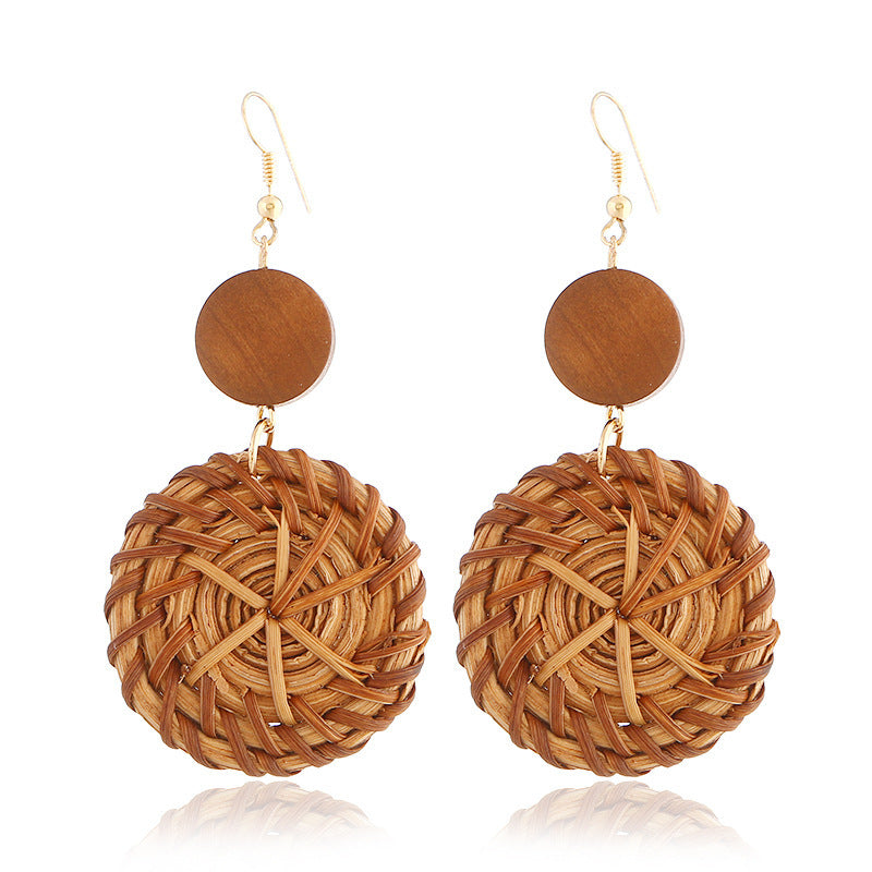 Boucles d'oreilles géométriques creuses en rotin, tissées à la main en bambou et rotin - LUXARAH