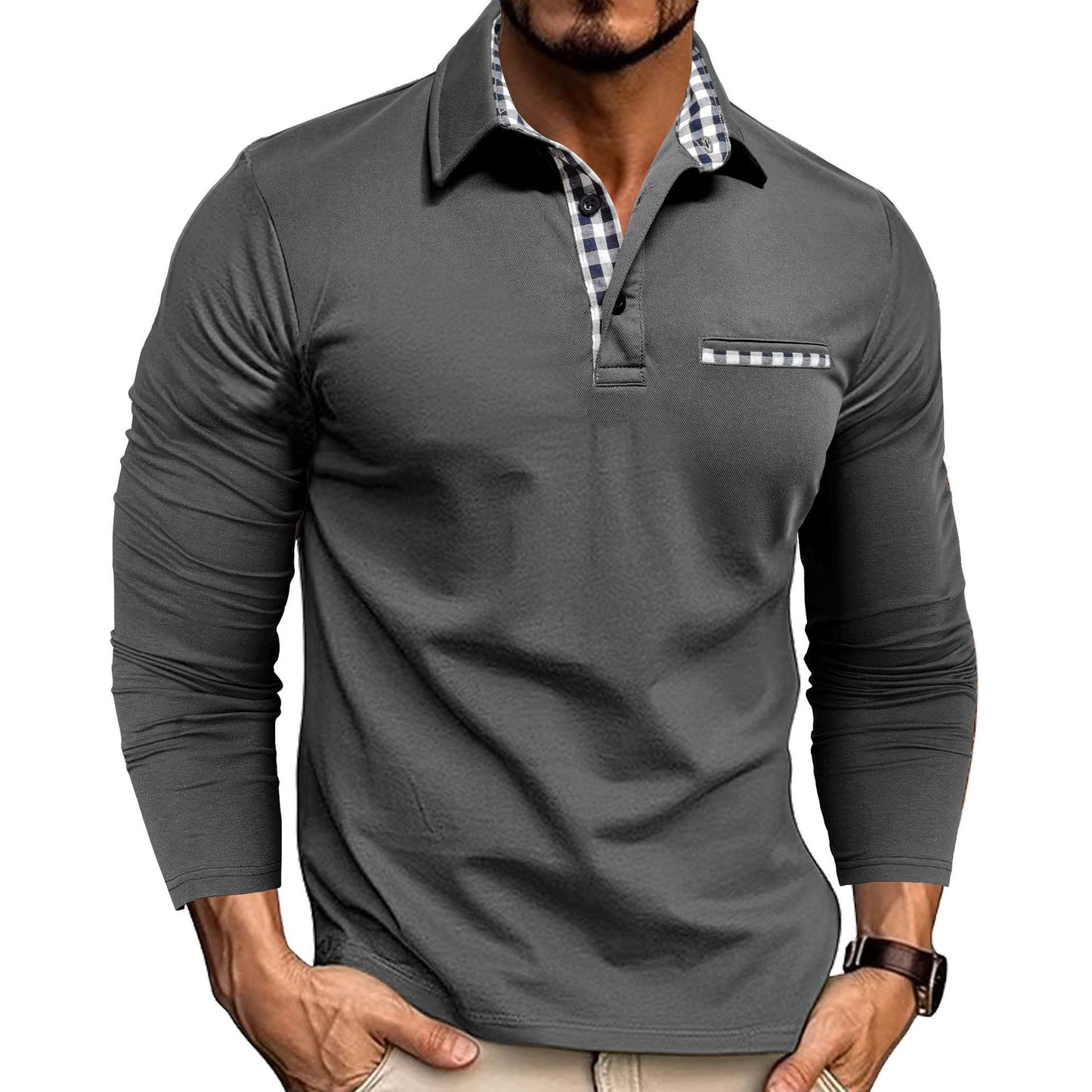 Polo décontracté à carreaux et revers pour homme, haut à manches longues, couleur unie, tendance