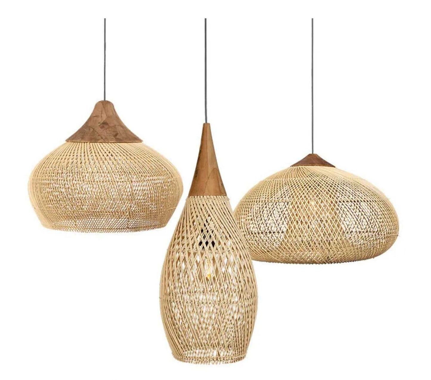Lustre de salon vintage en bois et rotin tressé - LUXARAH
