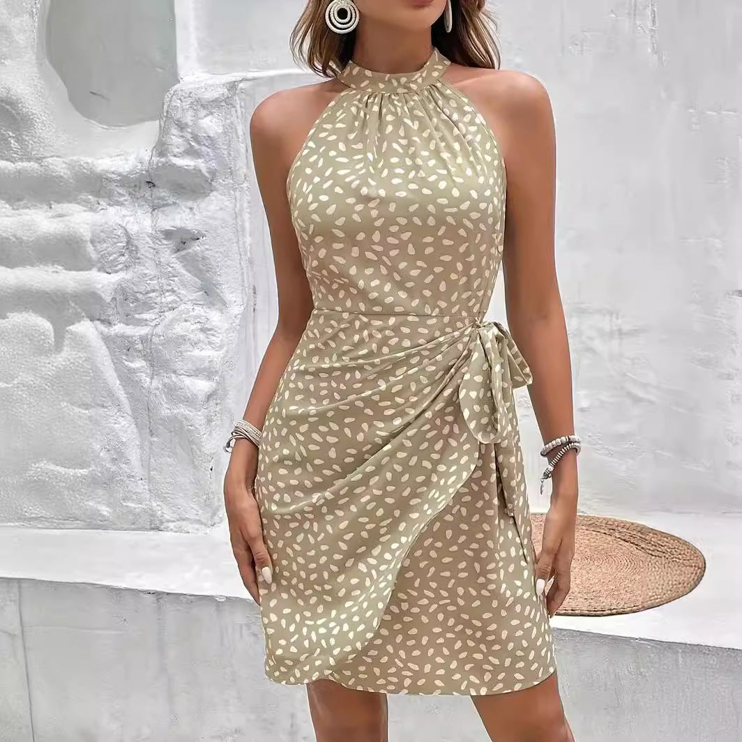 Robe d'été imprimée dos nu avec taille nouée, motif pois frissonnants, pour femme