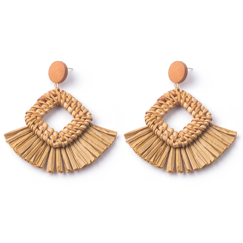 Boucles d'oreilles géométriques en raphia et rotin tissées à la main, style vintage pour femmes - LUXARAH