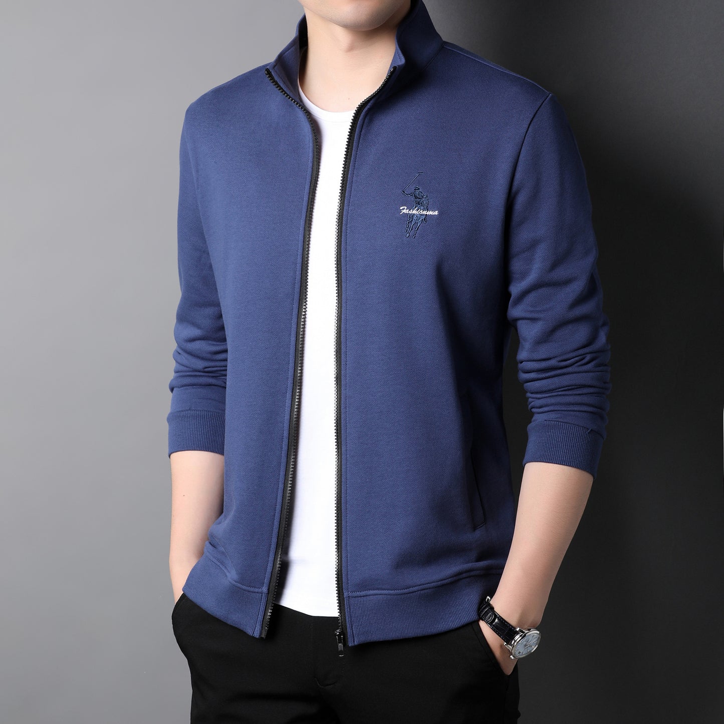 Veste zippée décontractée brodée en coton pour homme