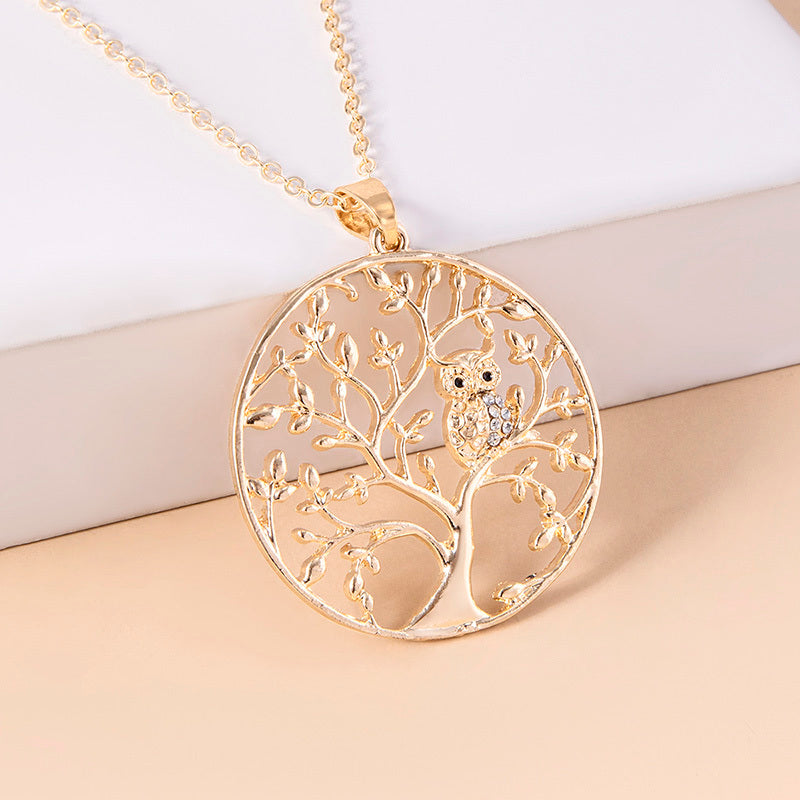Fashion Hollow Tree of Life Crystal Owl Pendant Necklace for Women