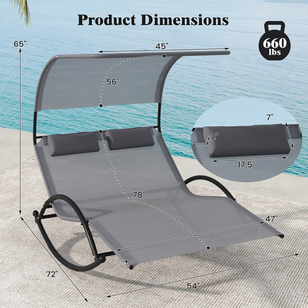 Chaise longue d'extérieur à bascule double pour 2 personnes avec auvent et appuie-têtes amovibles - LUXARAH
