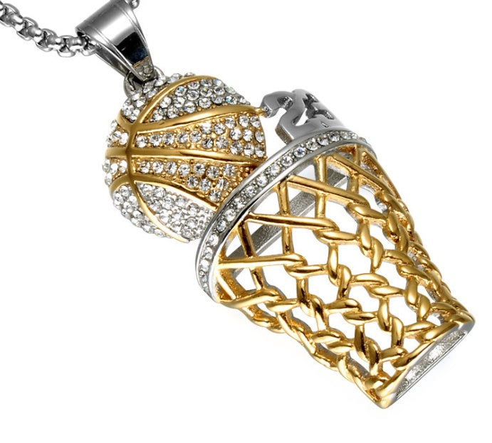 Colliers hip-hop avec pendentifs de basket-ball en strass, collier de sport en acier inoxydable pour hommes