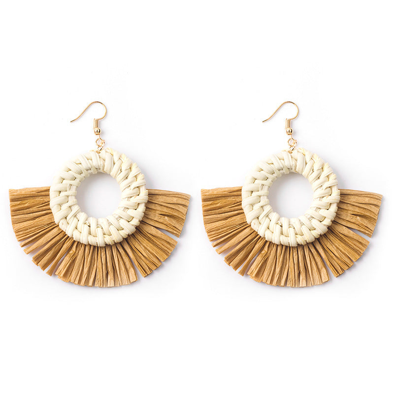 Boucles d'oreilles géométriques en raphia et rotin tissées à la main, style vintage pour femmes - LUXARAH
