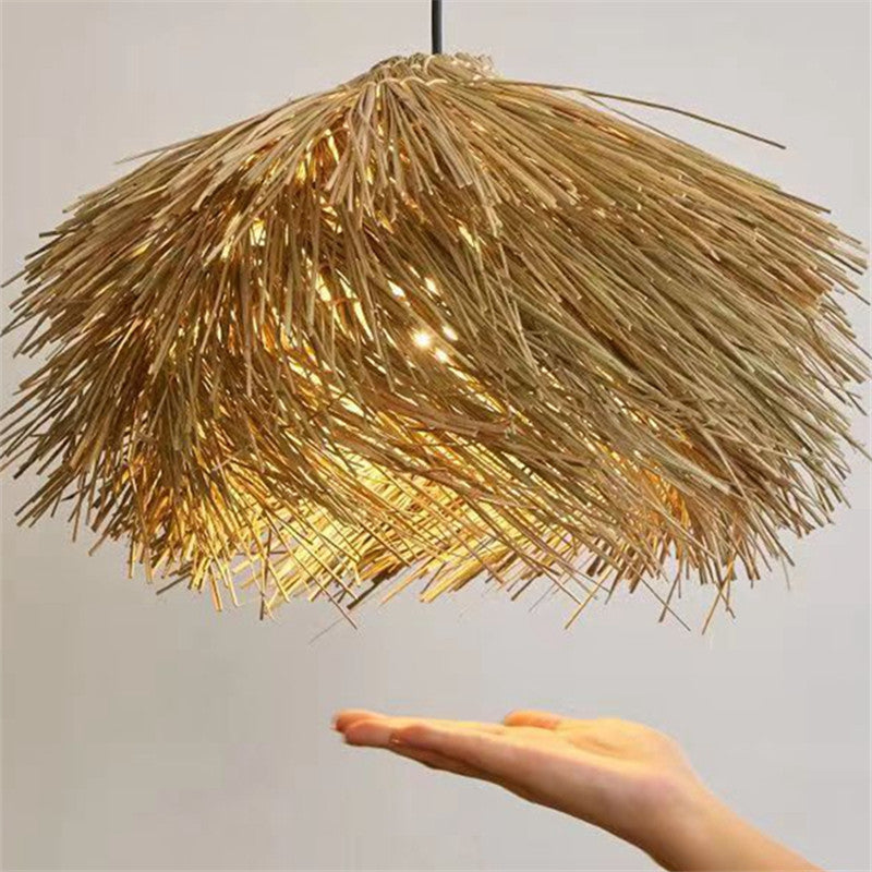 Suspension japonaise en forme de chapeau de paille, tressé en rotin de style Wabi Sabi