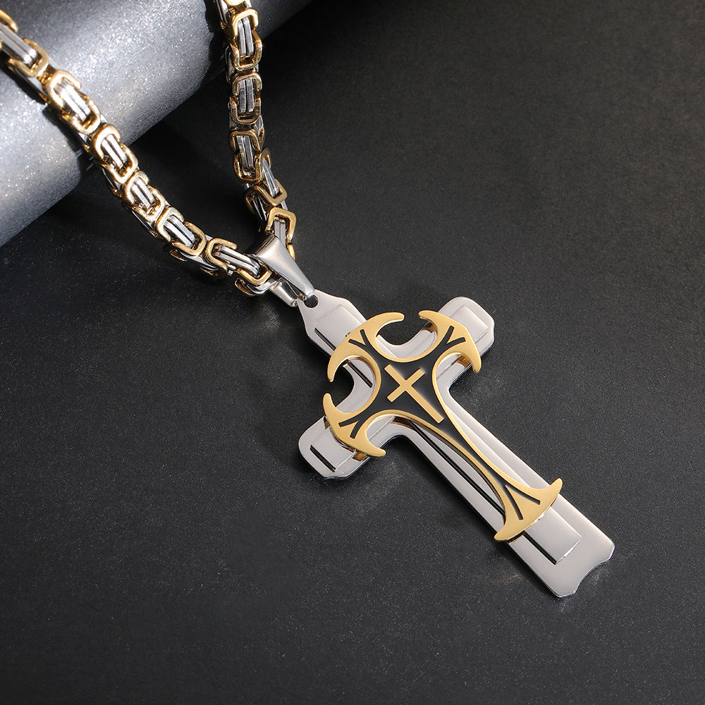 Collar con colgante de cruz latina y cruz cristiana para hombre, joyería de moda de acero inoxidable, tres capas, ideal como regalo.