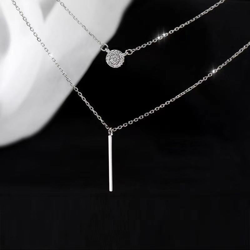 Collar de doble cadena de plata S925 con colgante de circonita micropavé redonda para mujer, joyería de moda.