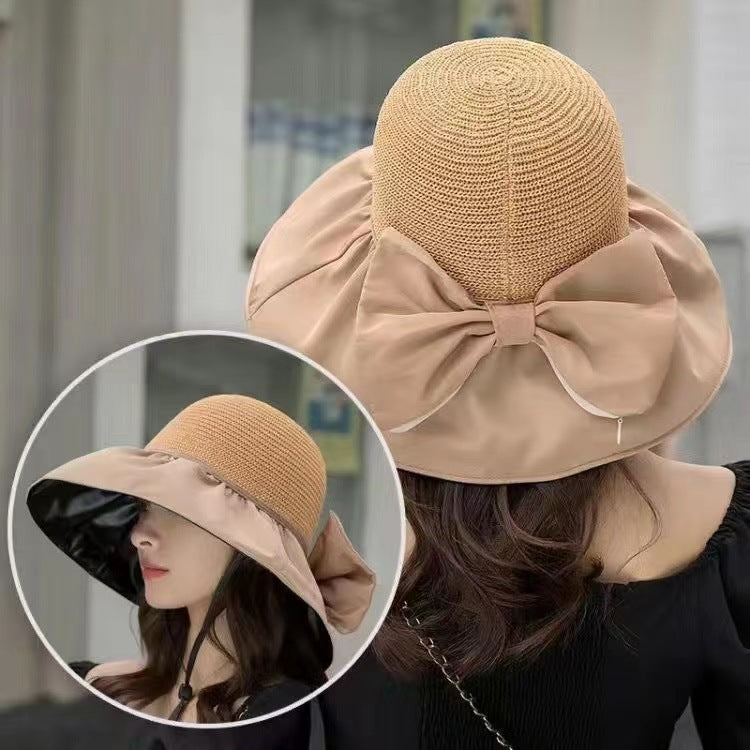 Chapeau de soleil d'été en paille à large bord et grand nœud, chapeau de pêcheur anti-UV, pare-soleil d'extérieur et chapeau de protection du visage