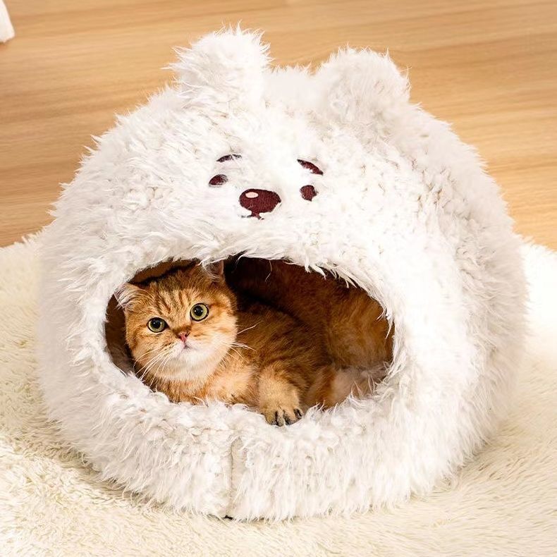 Nid semi-fermé pour chat et chien, nid de couchage chaud pour l'hiver, yourte en peluche, modèles d'animaux mignons en velours pour animaux de compagnie - LUXARAH