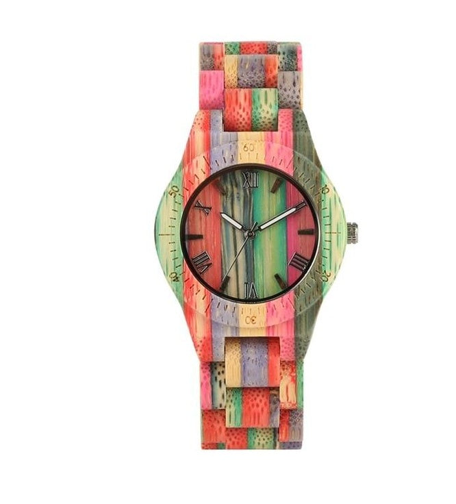 Montre couple en bois de bambou coloré sculpté