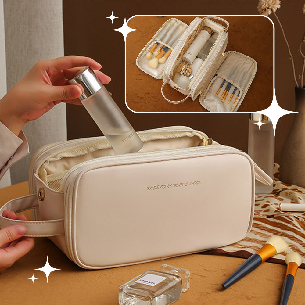 Trousse de maquillage en forme de U à double fermeture éclair à trois couches, trousse de maquillage tendance de grande capacité, sac de rangement portable en cuir PU pour produits de soins de la peau - LUXARAH