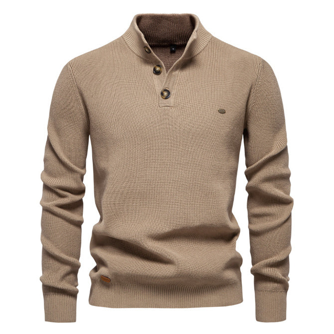 Pull tricoté à col montant et fermeture éclair pour homme, coupe slim, couleur unie, manches longues, demi-col roulé
