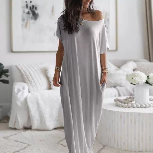 Robe décontractée à manches courtes et à motifs longs pour femme, couleur unie - LUXARAH