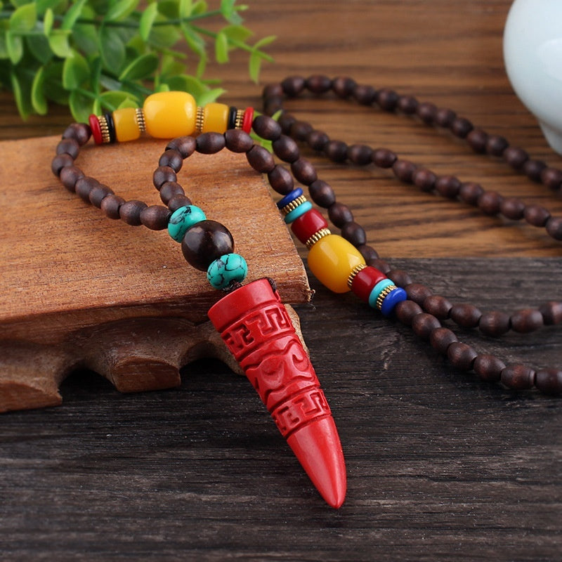 Colliers pour hommes et femmes, chaîne de pull rétro en perles de bois, pendentif Bodhi long - LUXARAH