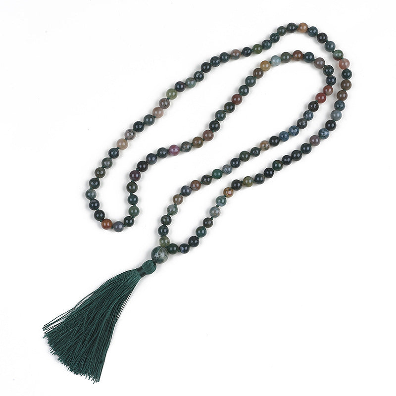 Long Agate Necklace with 108 Simple Tassel Beads for Women