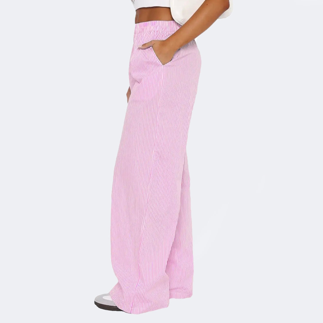 Pantalon rayé avec poches, style décontracté, coupe large et droite, pour femme