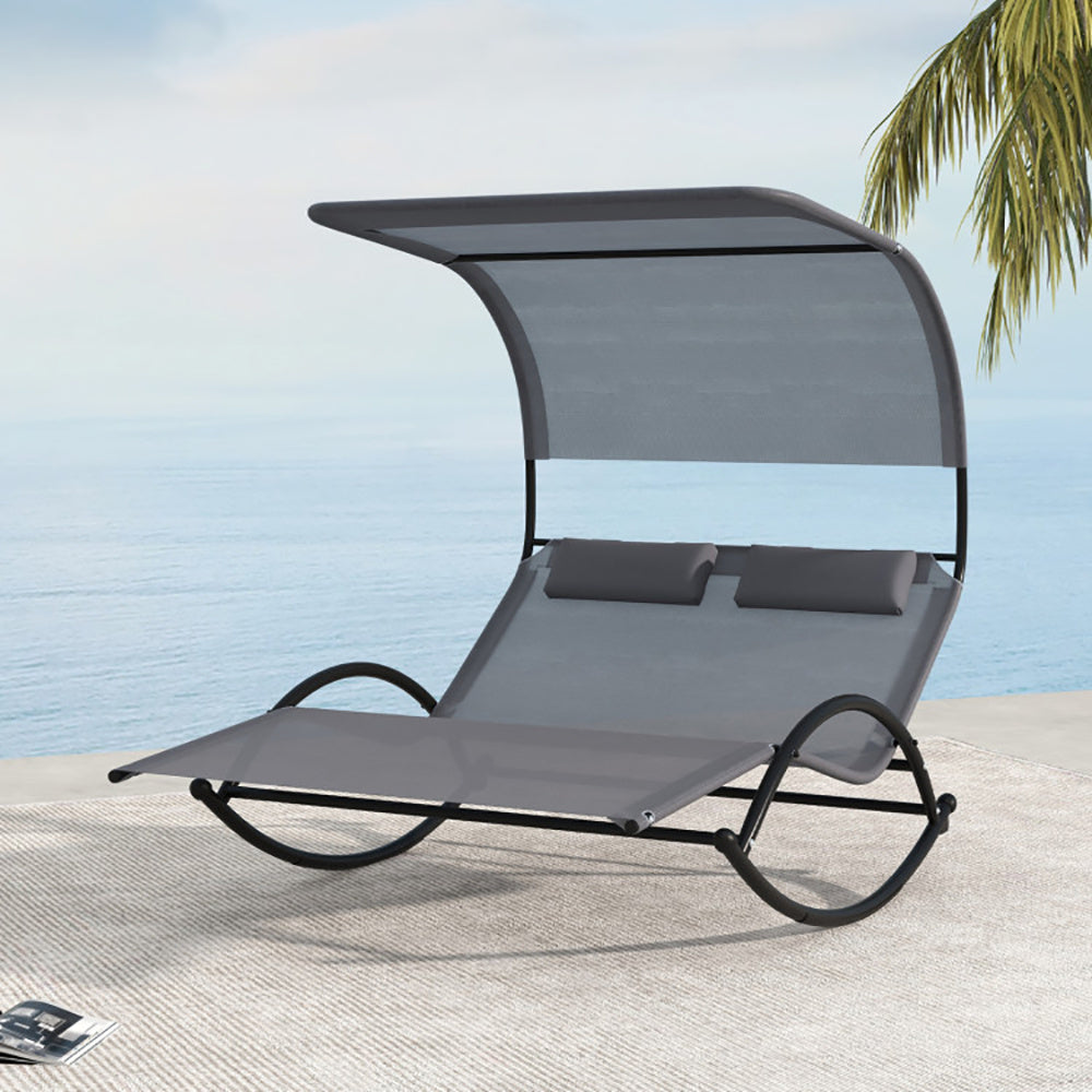 Chaise longue d'extérieur à bascule double pour 2 personnes avec auvent et appuie-têtes amovibles - LUXARAH