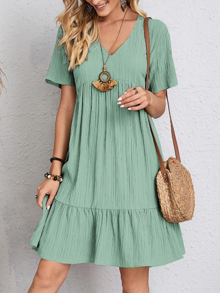 Robe à manches courtes et col en V, mode estivale, décontractée, ample, à volants, vêtements de plage pour femmes - LUXARAH